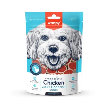 Wanpy Dog Treat Oven Roasted Chicken Jerky and Cod Fish Sushi 100g